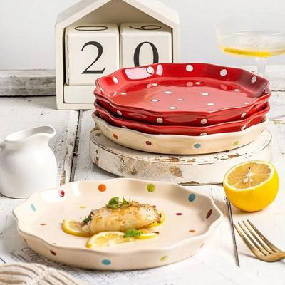 Farfurie de cină drăguță din porțelan, 20 cm, Veselă pentru bucătărie, Farfurie occidentală cu model cu buline, Farfurie pentru fructe, Veselă de 7,9", Sigură pentru cuptor cu microunde, Sigură pentru cuptor