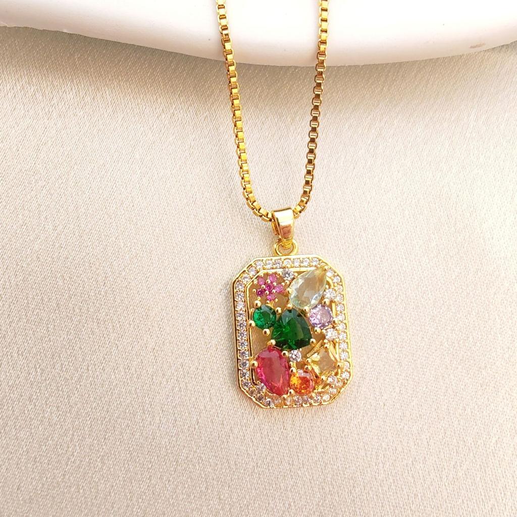 Color Zirconium Square Necklace Female Bohemian Personality Versatile Collarbone Chain Jewelry