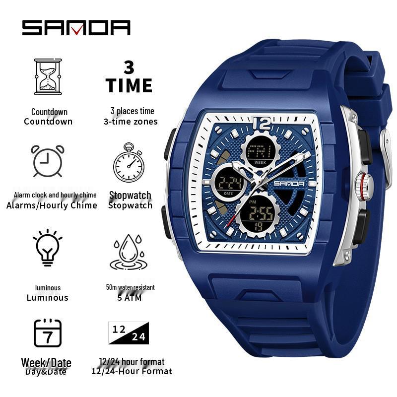 Sanda Men's Sports Barrel-Shaped Luminous Countdown Watch with Triple Time Zone and Dual Display, Waterproof Design.