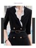 Spring/Summer Mid-Sleeve Black Ruffle Collar Professional Slimming Double-Breasted High-End Women's Dress