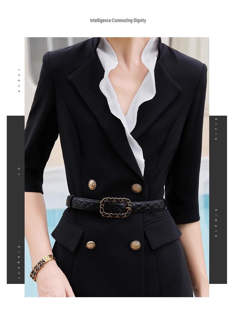 Spring/Summer Mid-Sleeve Black Ruffle Collar Professional Slimming Double-Breasted High-End Women's Dress