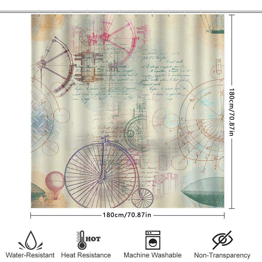 Vintage Bicycle Compass Shower Curtain Steampunk Decor Bathroom Accessories