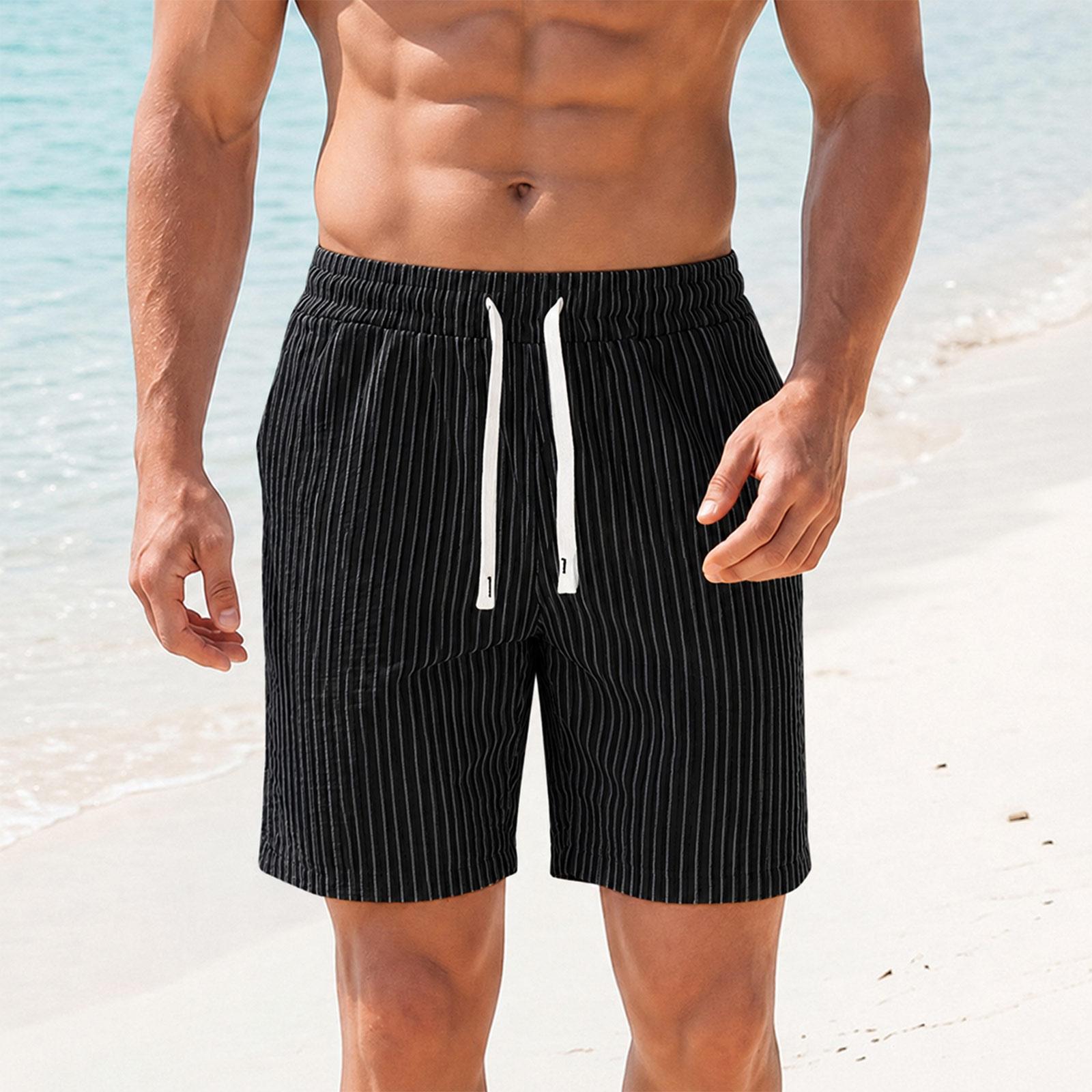 Men s Striped Casual Beach Shorts with Drawstring, Lightweight for Summer L чёрный
