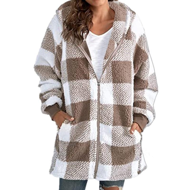 Womens Plush Hooded Zip-Up Oversized Long Sleeve Grid Print Jacket Streetwear Loose Fit