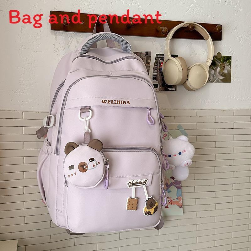 Color Solid Simple Letter Pattern Student Backpack With Decoration Pendant