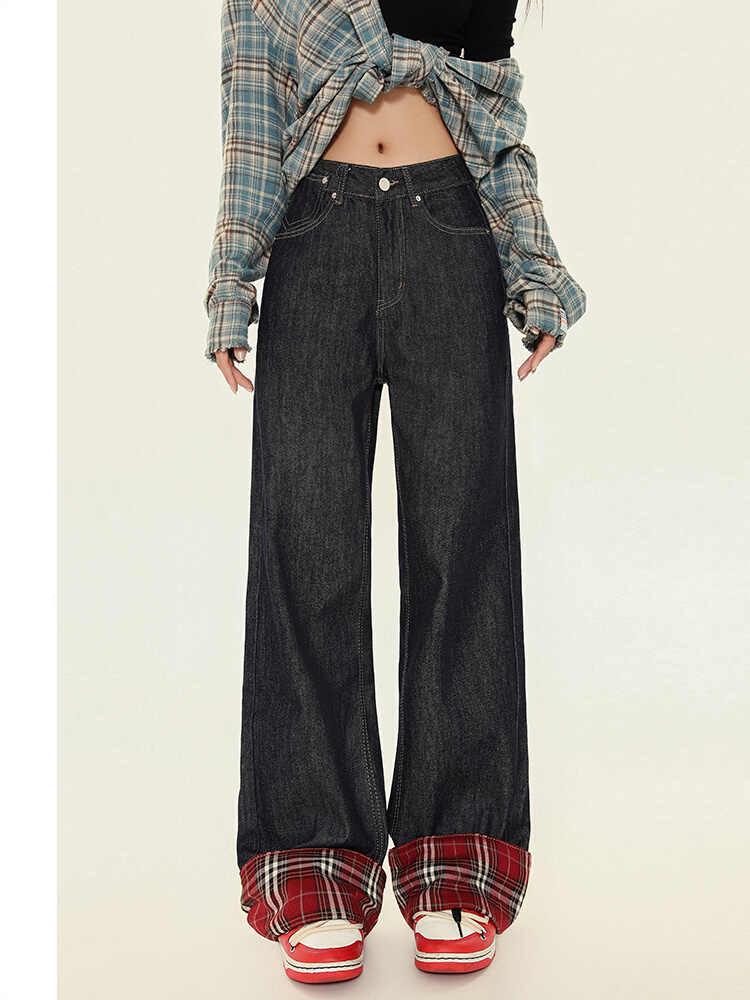 

Women s Plus Size High-Waist Dark Blue Plaid Patchwork Wide-Leg Jeans - Autumn Collection 4XL темно-синий