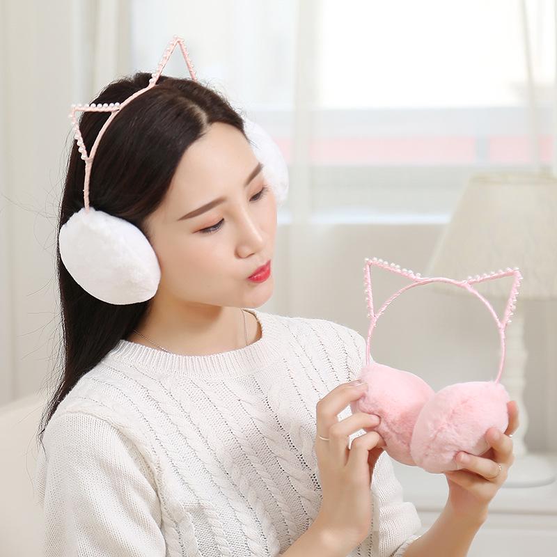 Viaste Cat Ears Plush Earmuffs,Women Cartoon Ears Design Windproof Warm Adjustable Earmuffs Winter Cozy Folding Earmuffs