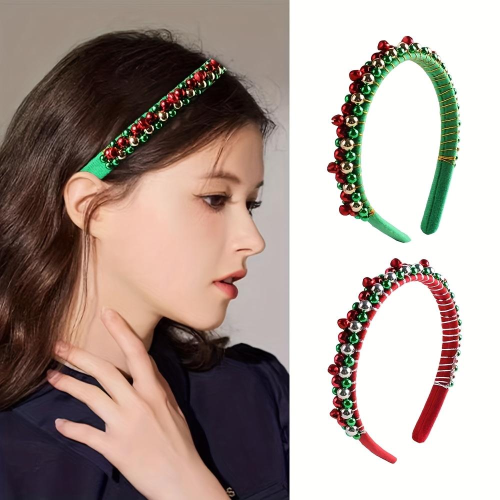 Festive Christmas Headband with Red & Green Beads, Golden Accents & Bell Charms - Hand-Wrapped Polyester Party Accessor