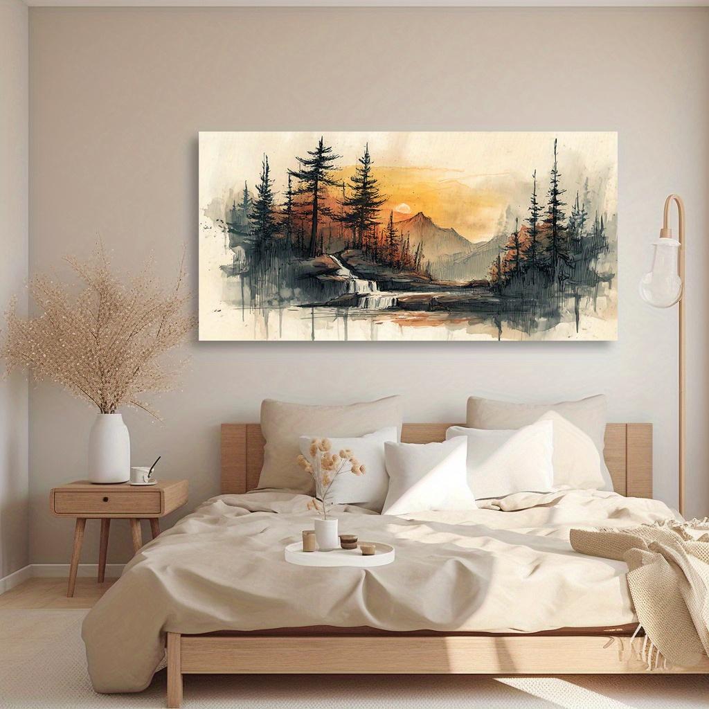 

Modern Forest Wall Art Canvas Frameless Painting, Landscape Sunset 2D Flat Print for Living Room, Bedroom, Office, Home Decor 20x40cm No Framed