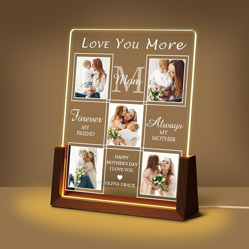 Personalized Mothers Day Unique Gifts for Mom Wife, Mom Gifts from Daughter Son Husband, Custom Acrylic Night Light Picture Frame with Photo Name,