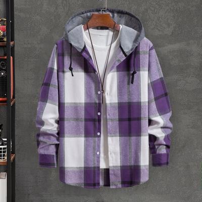 Men Spring Autumn Hooded Drawstring Shirt Coat Long Sleeve Plaid Print Solid Color Patchwork Color Single Breasted Casual Coat