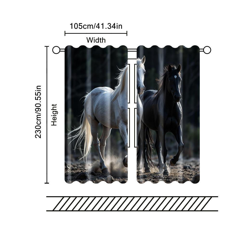 2 Pcs   Filtering Curtains (excluding Rods   Non-movable   Without Batteries) Elegant Black and White Horse for Use In Bedrooms and
