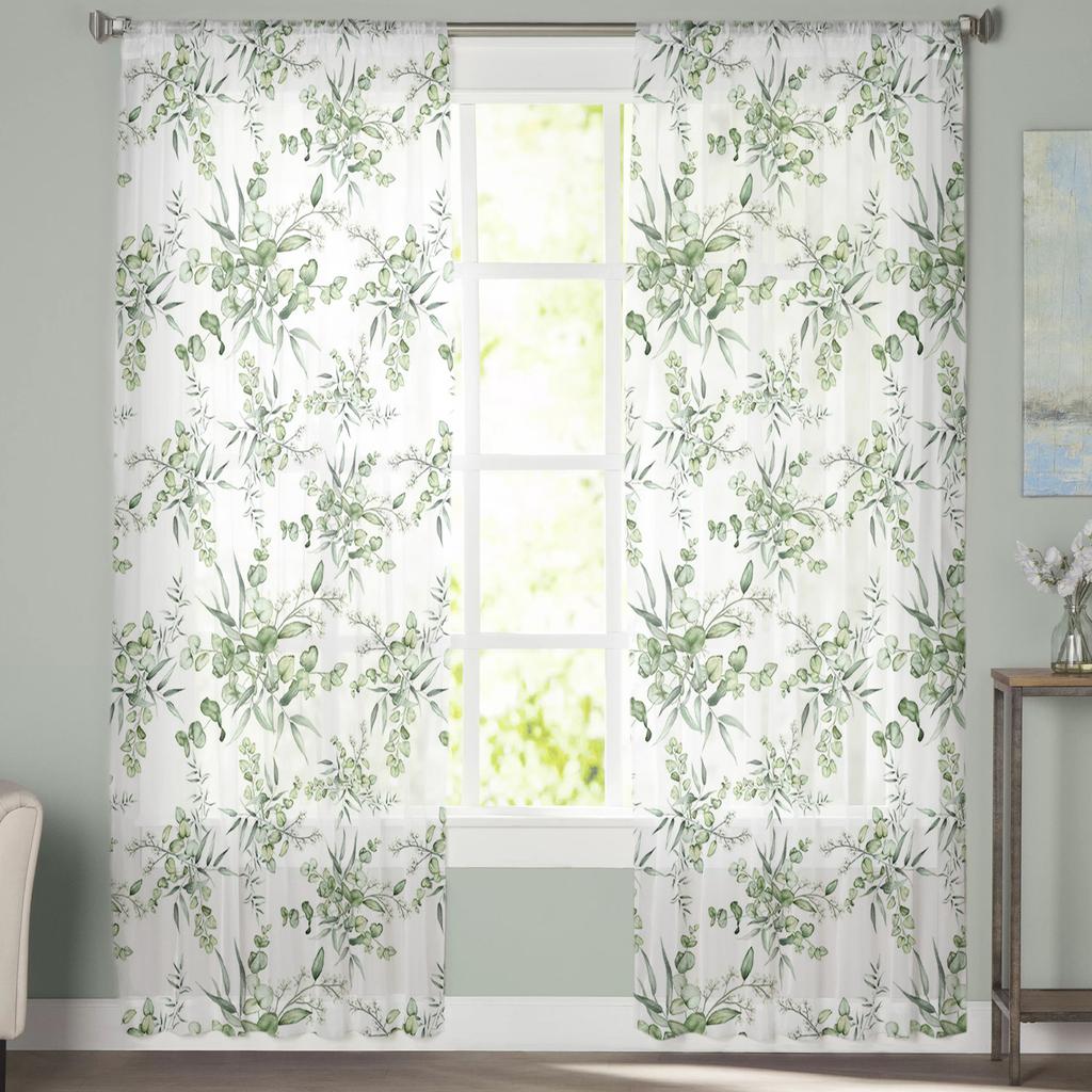Spring Eucalyptus Leaves Bamboo Voile Sheer Curtains Living Room Window Chiffon Tulle Curtain Kitchen Bedroom Drapes Home Decor