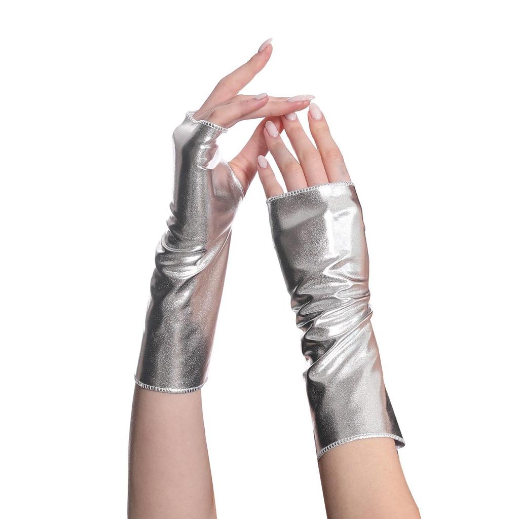 Fingerless Black Patent Leather Short Gloves for Halloween, Punk, and Hip Hop Styles – Ideal for Stage Performances.
