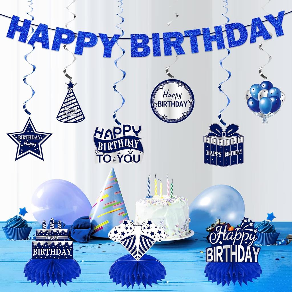 11Pcs Happy Birthday Decorations Kit for Men, Blue Sliver Happy Birthday Banner, Awesome Since Glitter Banner Party Supplies, Bday Decor Centerpieces