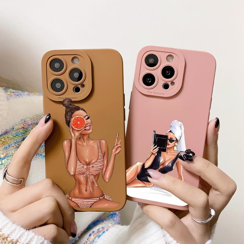 Fashion Girls Silicone Phone Case for iPhone 14 13 12 11 Pro Max Case for iPhone SE 2020 14 7 8 Plus XR X XS Soft Cover Fundas