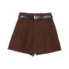 High-Waisted Khaki Corduroy A-Line Skorts for Women - 2026 Autumn/Winter Hip-Covering Pleated Wide-Leg Style.