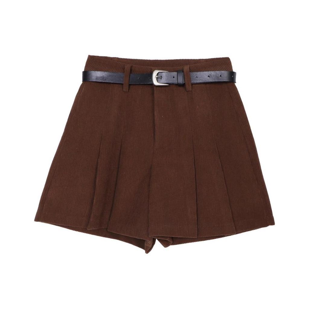 High-Waisted Khaki Corduroy A-Line Skorts for Women - 2026 Autumn/Winter Hip-Covering Pleated Wide-Leg Style.