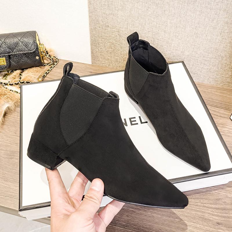 

Острый носок Женские сапоги с эластичной резинкой на толстом низком каблуке без застежек botas mujer осень-зима короткие челси botines женские флок botas 5 чёрный