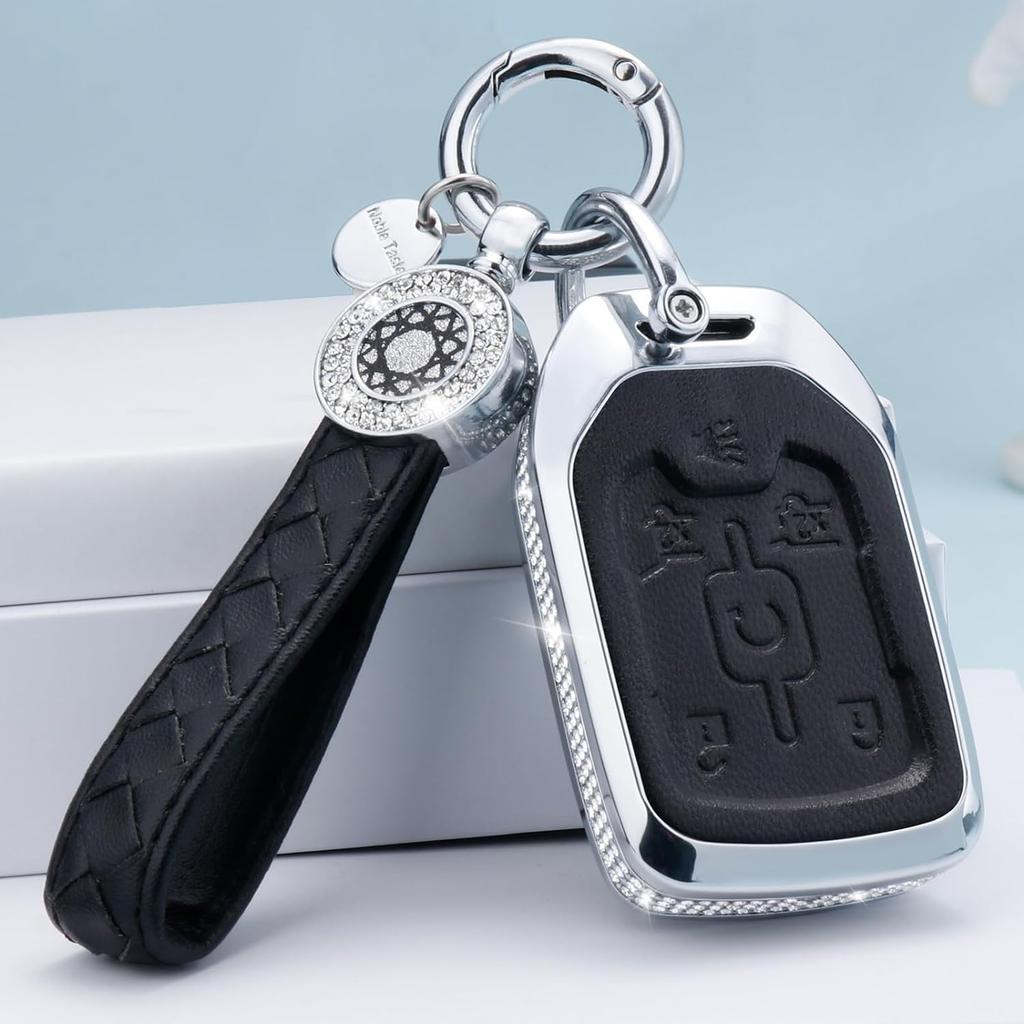 For GMC Key Fob Cover with Keychain, Pink Leather Crystal Key Case Protection Shell Compatible with Chevy Chevrolet GMC Suburban