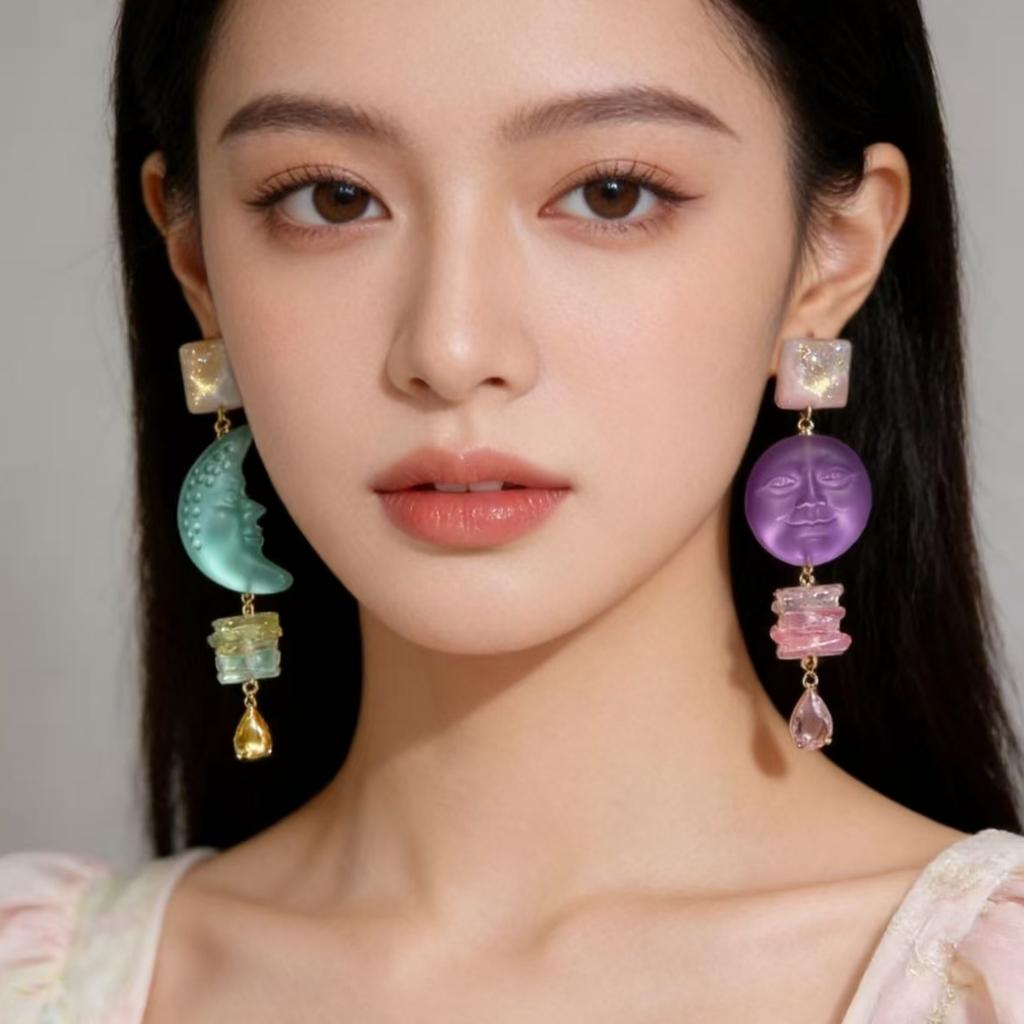 Moon Purple Sun Asymmetrical Silver Needle Earrings with a High-end Feeling