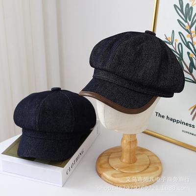 Retro Navy Blue Denim Octagonal Hat Women's Fashion Casual Newsboy Hat Simple Plain Street Painter Beret Tide