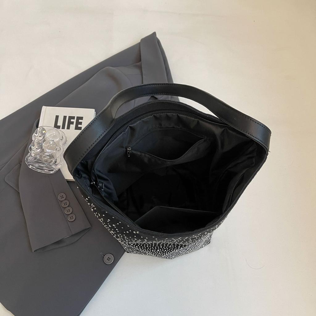 Women'S Glittery Canvas Tote Bag - Large Capacity, Sparkling Diamond Pattern, Zipper Closure, Polyester Lining, Ideal