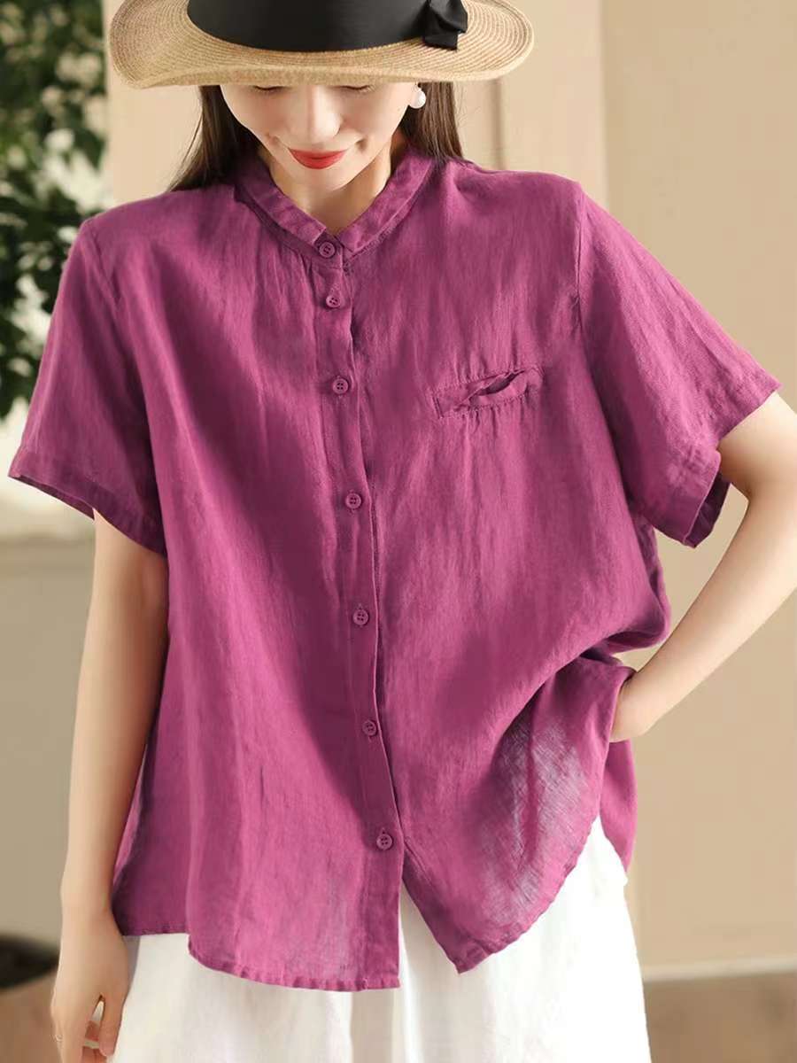 

Johnature Женские рубашки в китайском стиле Топы Отложной воротник Топы Однотонные Блузки с коротким рукавом Летняя рубашка XL