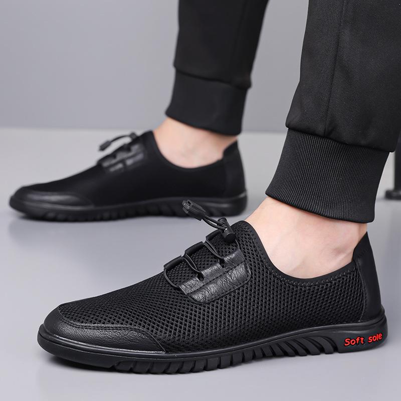 Men's business casual shoes summer breathable mesh hollow thin men's shoes elastic band wear a foot lazy shoes