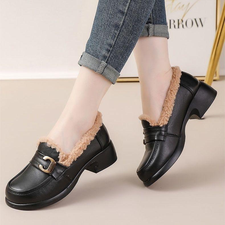Women's Black Waterproof Non-Slip Thick Sole Velvet-Lined Casual Loafers