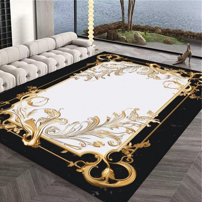 Alfombra Decorativa de Sofá para Interiores y Exteriores de Lujo Negra Incrustada con Oro Alfombra de Área para Mesas de Café Alfombrilla Suave Antideslizante para Niños
