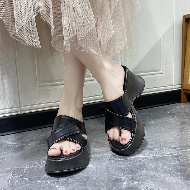 Platform Thick-soled Anti-slip High-heeled Cool Slippers for Women, Soft Leather Shoes