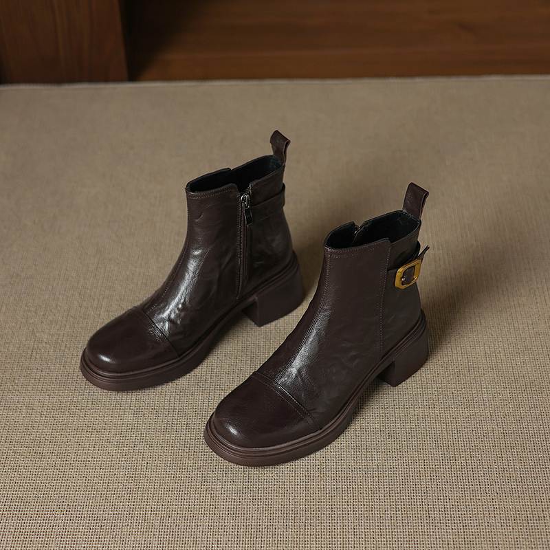 Krazing Pot Sheepskin Round Toe Thick Heels Chelsea Boots Size 42 High Quality Women Keep Warm Metal Buckle Ankle Boots