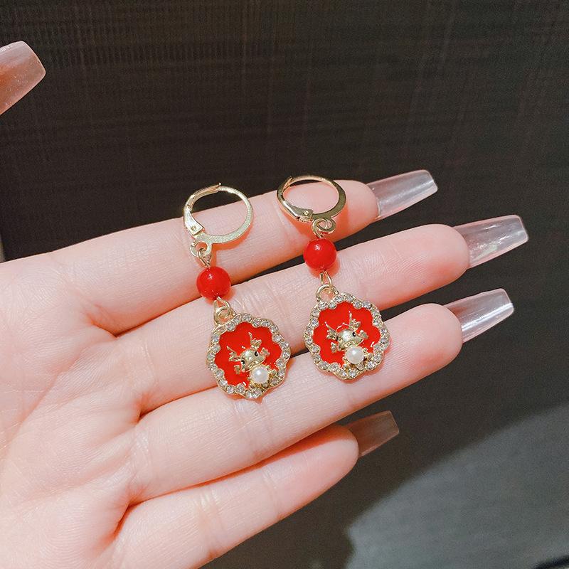 Chinese Style National Style New Dragon Chinese Style Red Earrings Niche Design Versatile Sweet Earrings Light Luxury Personalized Earrings