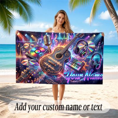 Music General Theme Beach Towel Personalized Custom Name & Text Soft Quick Dry Beach Towel for Swimming Travel