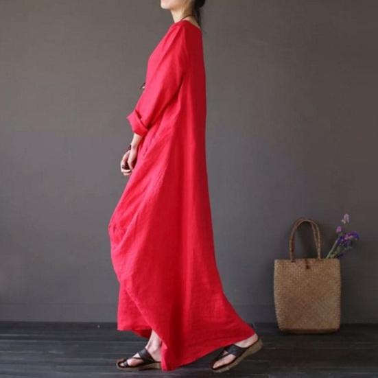 Kadın Elbise Uzun Kollu Bisiklet Yaka Düz Renk Retro Nefes Alabilen Bol Bilek Boyu Büyük Beden Saf Renk Maksi Elbise Günlük Kıyafetler