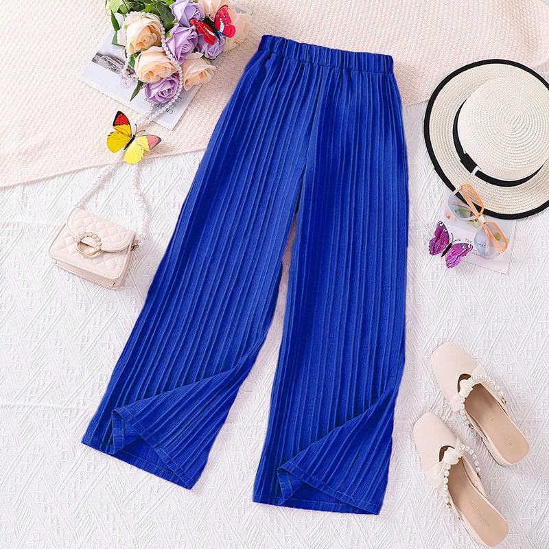 Girls' Summer High Waisted Pleated Casual Wide Leg Pants, Medium To Large Children's Solid Color Comfortable Pants