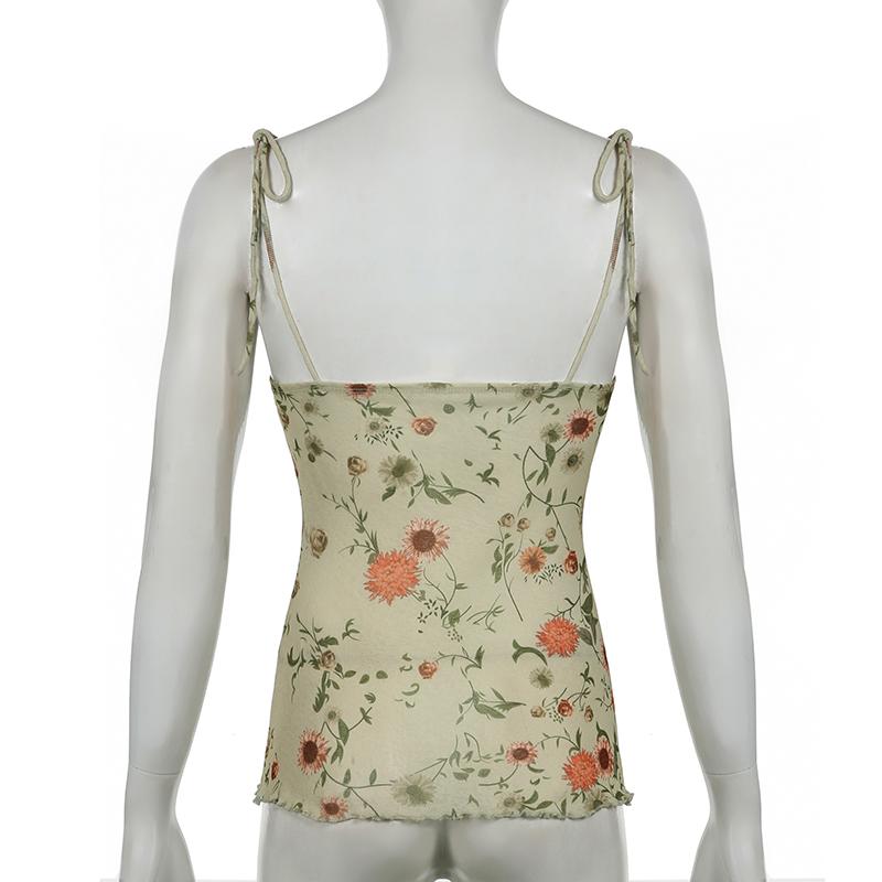 Fairycore Vintage Summer Camis Tops Lace Spliced Floral Printed Strappy Y2K Aesthetic Women Tops Holidays 2000s Cute