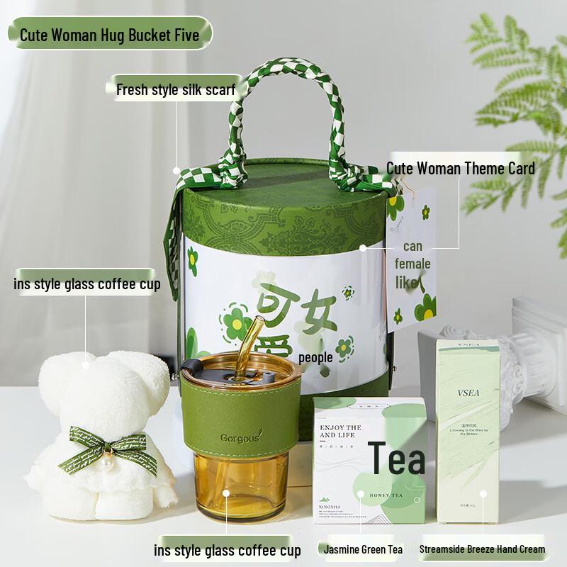 Holiday Gift Set with Coffee Cup and Essentials Coffee Cup, Towel, Green Tea, Hand Cream
