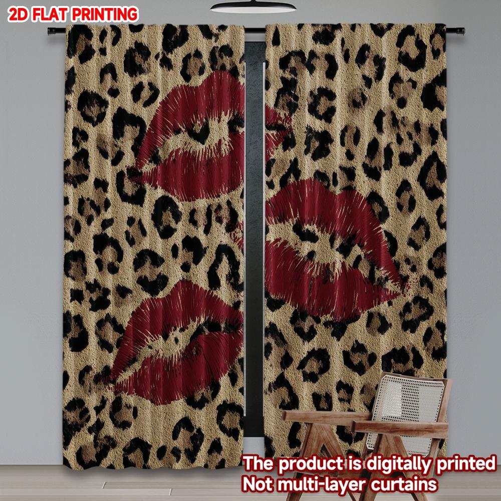 Set Of 2 Modern Leopard Lips Curtains Digital Printing Bold Animal Print Red Yellow Brown Background Living Room Curtain Polyester Ideal For Area