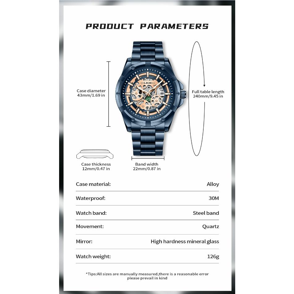 Mens Quartz Watches Top Brand Luxury Stainless Steel Waterproof Hollow Out Male Wristwatches