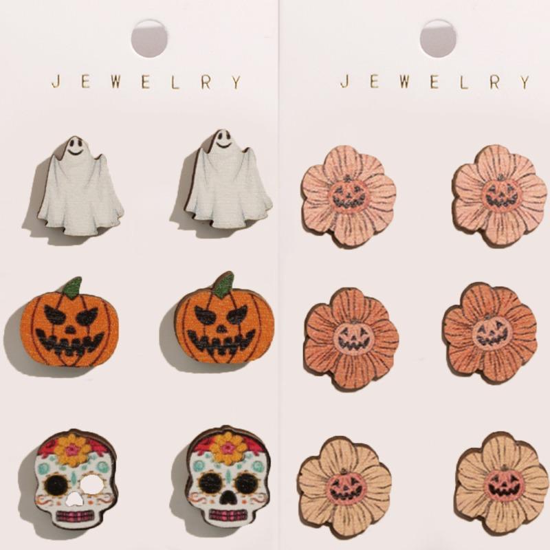 Halloween Cartoon Funny Ghost Pumpkin Kid Wooden Decorative Stud Earrings Combination Set