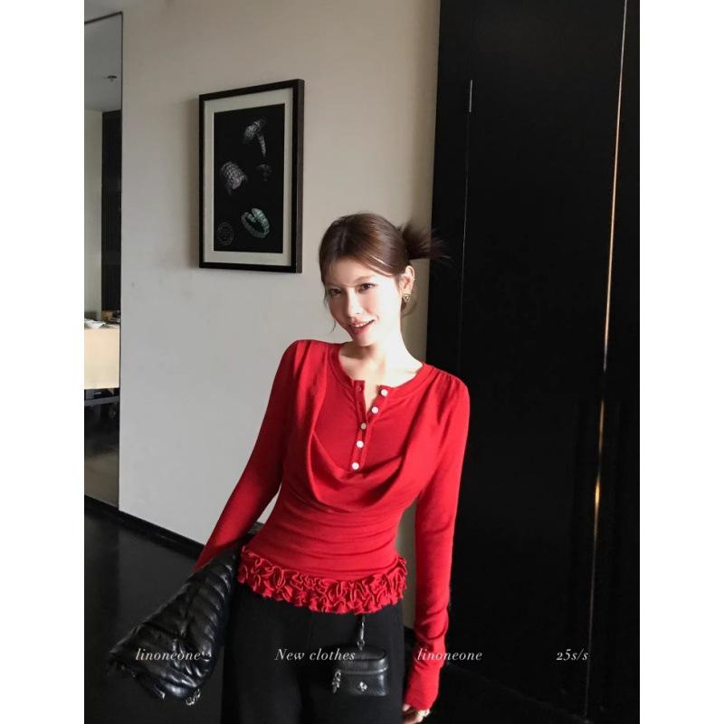 260 г Хлопок Модал Американский Вырез Лодочкой Color Block Пуговицы Длинный Рукав Сладкая Острая Девушка Утягивающая Футболка Large (L) красный