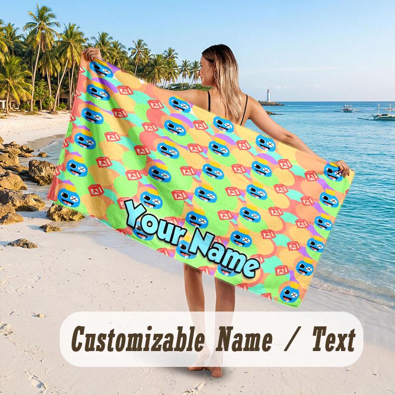 Personalized Beach Towel,Rainbow Friends Custom Printed Name Text, Super Absorbent Towel For Beach Vacation