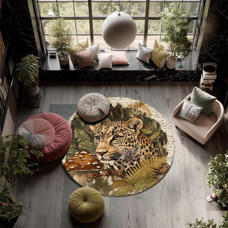 Forest Leopard,Round Area Rug,Carpet Rug for Living Room Bedroom Sofa Playroom Decor,Non-slip Floor Mat