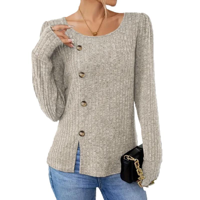 Autumn Winter Solid Color Round Neck Button Long Sleeved Loose T-shirt Top for Women Shirt