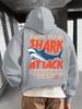 Streetwear Trendy Men's Hoodie with Shark Print Lettering, Hip-hop Style, Casual and Versatile Hoodie Perfect for Autumn and Winter.