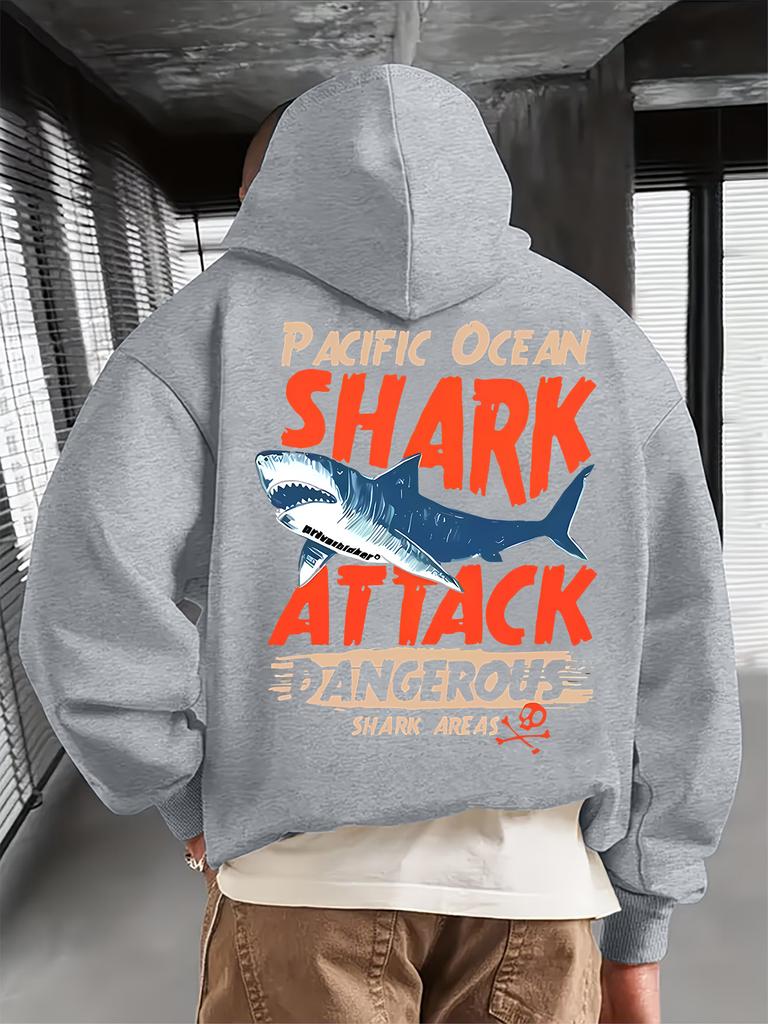 Streetwear Trendy Men's Hoodie with Shark Print Lettering, Hip-hop Style, Casual and Versatile Hoodie Perfect for Autumn and Winter.