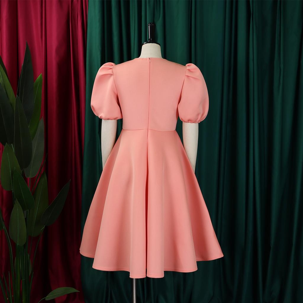 Summer Fashion Party Dresses for Women 2026 New O Neck Short Sleeve High Waisted Pleated Mid Calf Fashion Ladies Birthday Dinner Dress