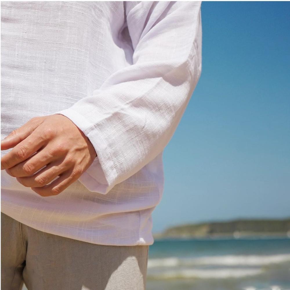Men's Solid Color Long Sleeved Lazy Style V-neck Beach Cotton Linen Shirt